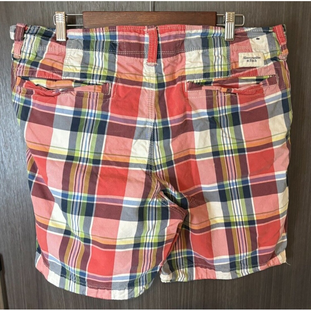 Abercrombie & Fitch Chino Shorts Mens 36 Multicolor 100% Cotton Plaid Button Fly - Picture 2 of 12